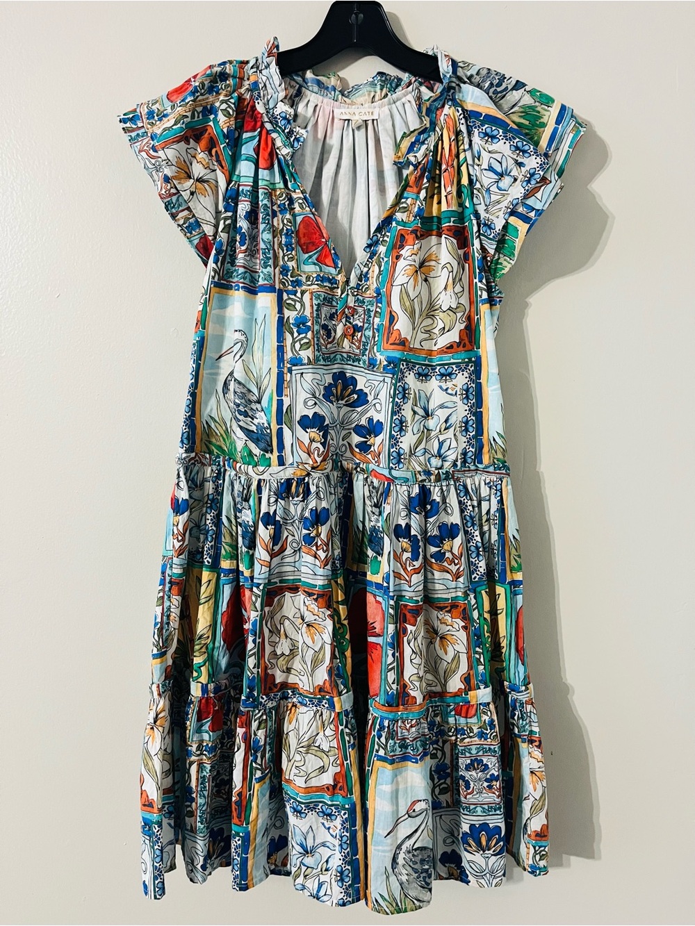 Anna Cate Crane & Floral Tile Print Patchwork 100% Cotton Dress Sz M